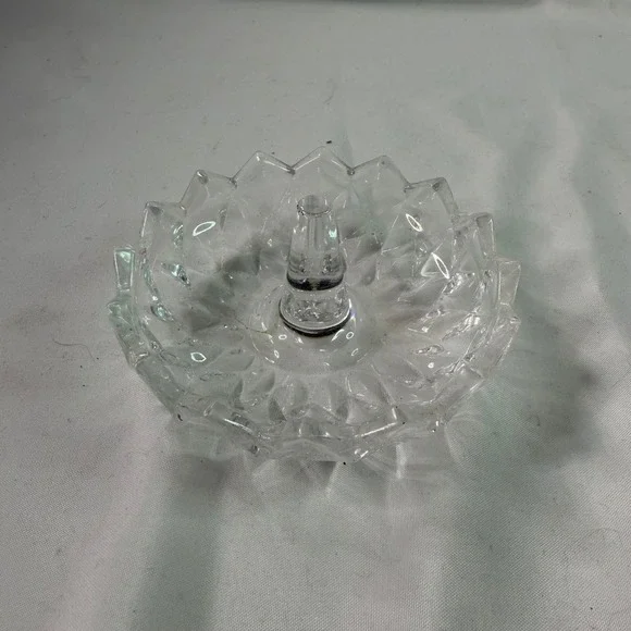 Vintage Clear Pressed Glass Ring Holder Lotus Starburst Scalloped Trinket Dish