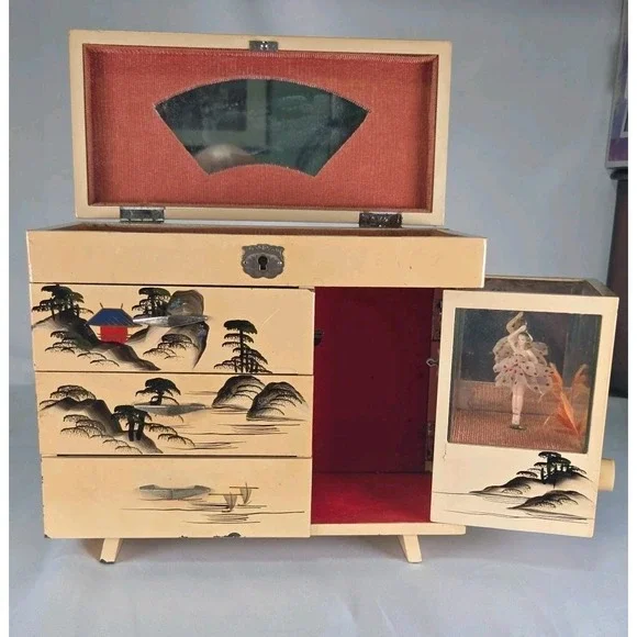 Japanese Lacquer‎ Three Drawer Lock Top with Key Jewelry and Music Box SEE PICS