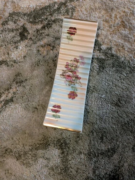 Vintage Floral Ceramic Vanity Tray /Pink Rose Design With Gilt Gold Edges