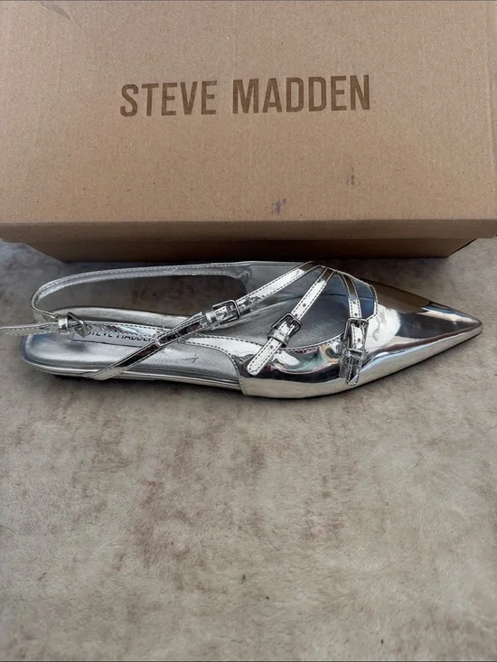 Steve Madden Peony Metallic Silver Pointed Slingback Flats with Strappy Buckle
