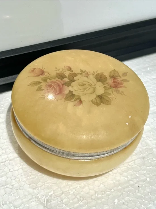 Vintage Antique Alabaster Jewelry Box Italy Yellow Floral Rose Trinket Box