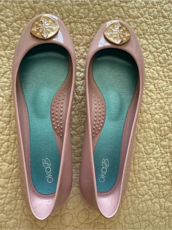 OKA b. Pink Patent Ballet Flats with Gold Medallions