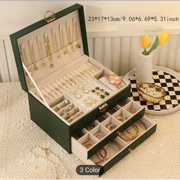 Green Jewellery Box Leather Storage‎ Case Drawer Cabinet Necklace Organizer