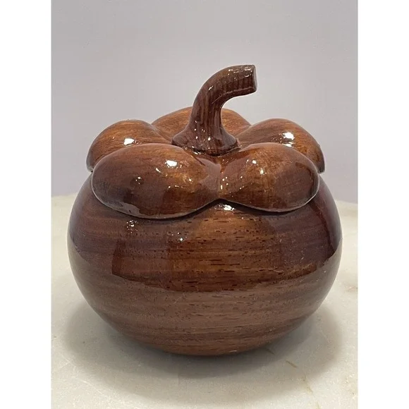 Wooden Hand Carved Lidded‎ Decor Storage Jewelry Organizer Pumpkin Trinket Box