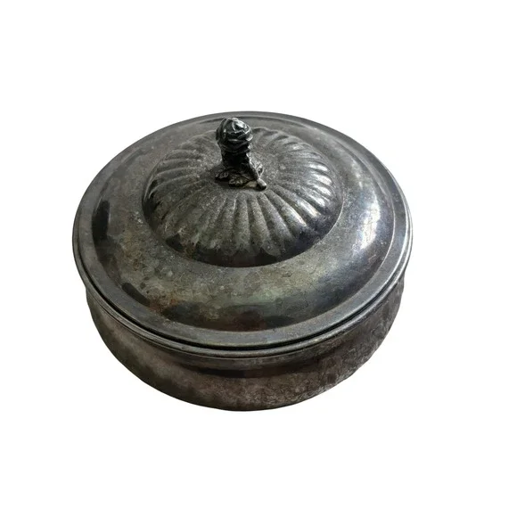 Wallace Silverplate Rose Finial Round Trinket Box Vintage‎ 9330 Gadroon Edge USA