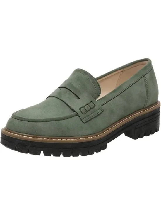 Womens Green Suede Lug Sole Slip On Business Chunky Platform Penny Loafers Shoes
