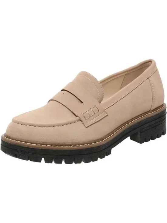 Womens Beige Suede Lug Sole Slip On Business Chunky Platform Penny Loafers Shoes