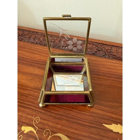 Vintage Brass & Purple‎ Glass Jewelry Box 3