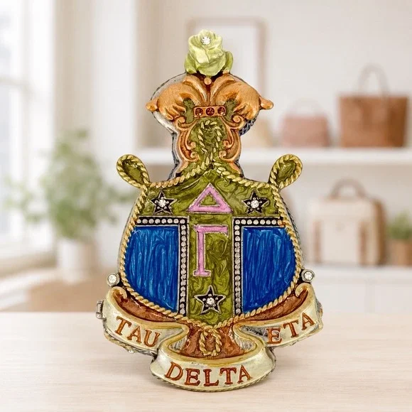 Delta Gamma Tau Delta Eta Hinged Trinket Box Magnetic Closure Crest 4