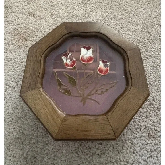 Vintage Octagon Wooden Jewelry Box Tulip Stained Glass Lid Pink Velvet Lining