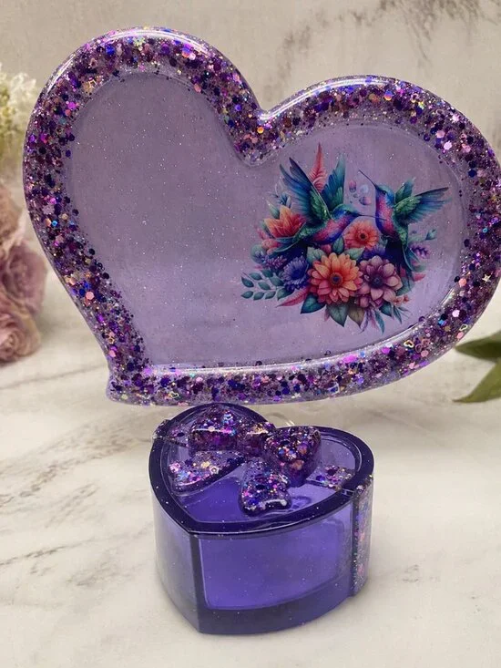Purple Heart Tray and Jar Set, Hummingbird Resin Organizer, Feminine Shimmer