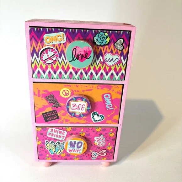 Pink Wooden Mini 3 Drawer Jewelry Box Trinket Chest Hand Decorated Sticker Art