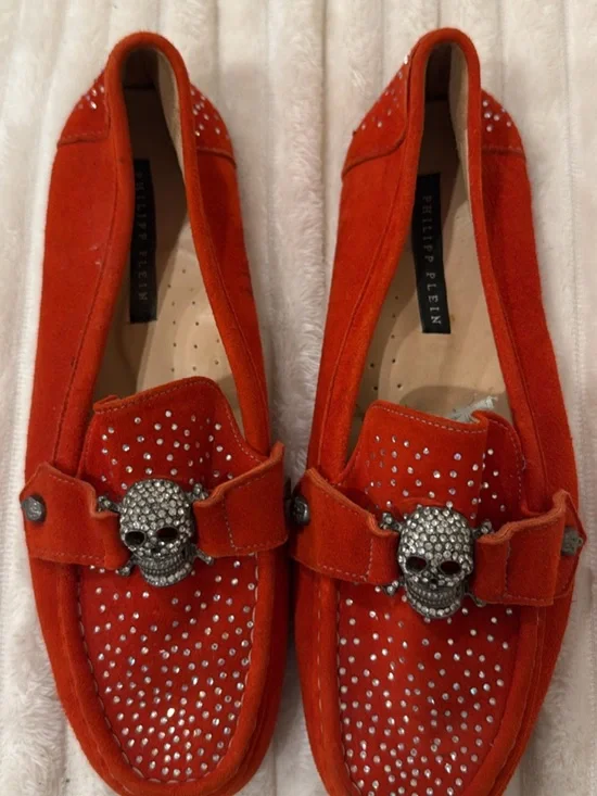 Philipp Plein Orange Suede Crystal Skull Moccassin
