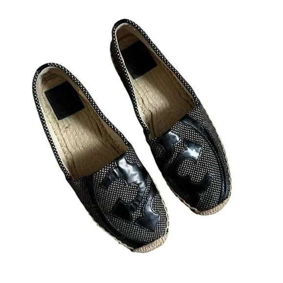 Tory Burch Lonnie Leather Logo Woven Espadrille Flats Size 6.5