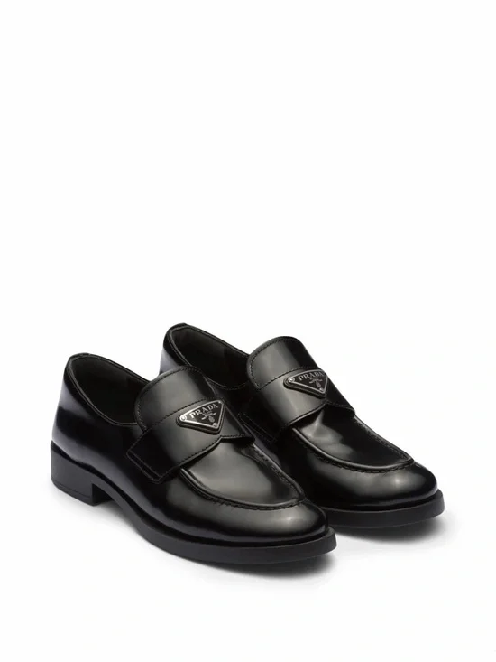 Prada Black Leather Penny Strap Loafers with Logo Plaquel