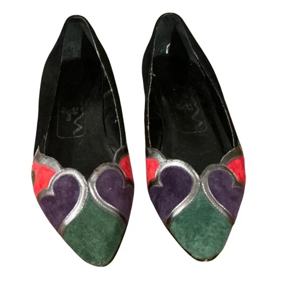 Vintage Nina Suede Patchwork Ballet Flats Multi-Color Heart Pointed Toe Size 6