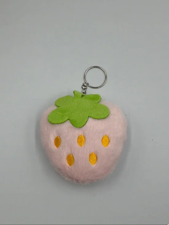 Plush Pink Strawberry Keychain with Green Leaf