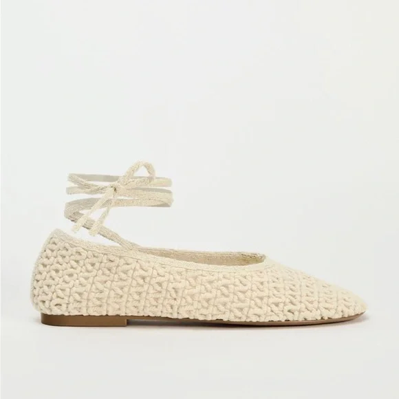 Zara Cream Crochet Ankle Tie Ballet Flats
