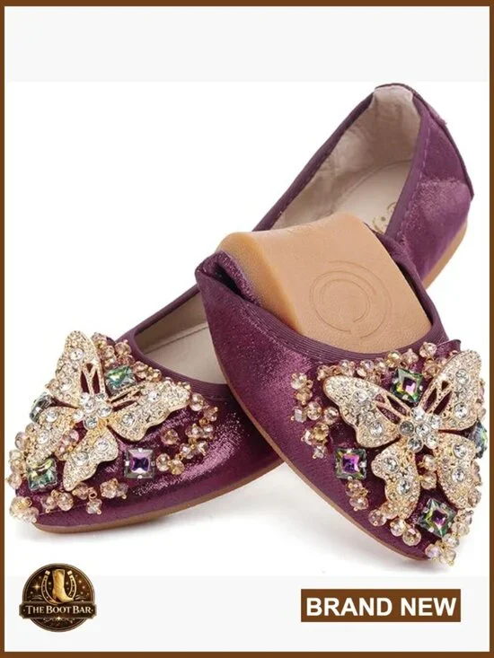 Foldable Rhinestone Ballet Flats Pointed Toe Slip On Wedding Shoes