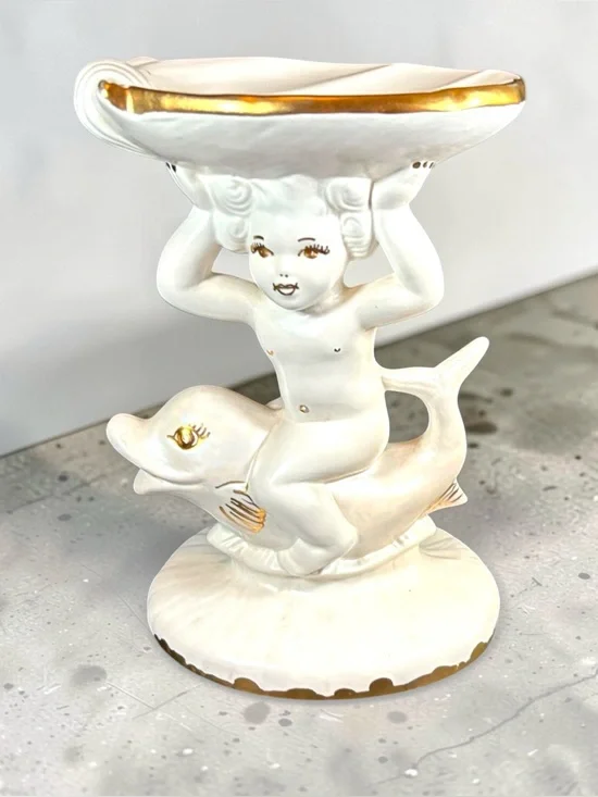 Vintage Holland Mold Ceramic Cherub Riding Dolphin Shell Dish Soap Trinket 8