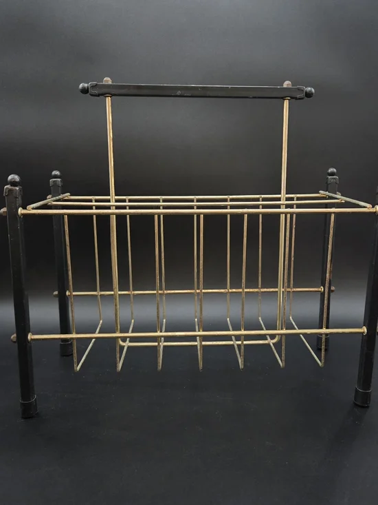 Vintage MCM Minimalist Gilt Brass Cage Rustic Iron Frame Design Magazine Rack