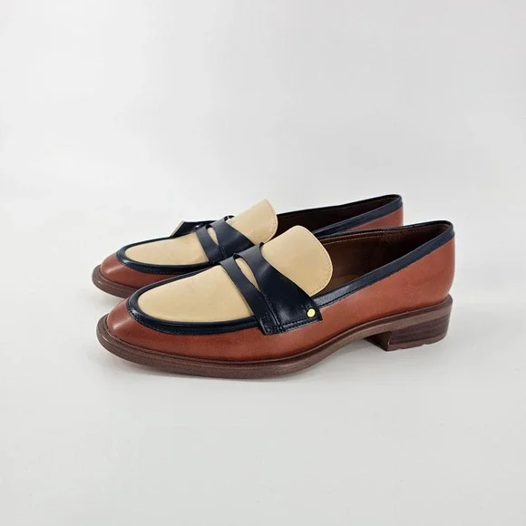 Franco Sarto Edith Penny Loafers Womens 10 Brown Navy Colorblock Preppy NWOB