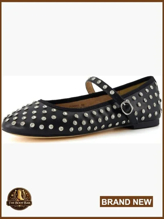 Bling Studded Mary Jane Flats - Memory Foam Faux Leather, Adjustable Buckle