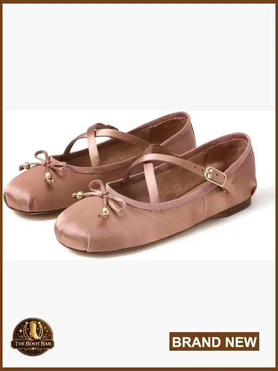 Satin Ballet Flats with Bow and Adjustable Strap