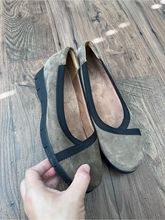 Clarks Olive Taupe Suede Slip-On Flats with Black Trim