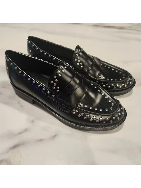 Marc Fisher Black Leather Studded Penny Loafers Women’s Size 6.5