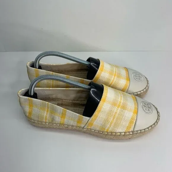 TORY BURCH Colorblock‎ Platform Espadrille In Yellow Check Plaid/ Ivory Sz 10