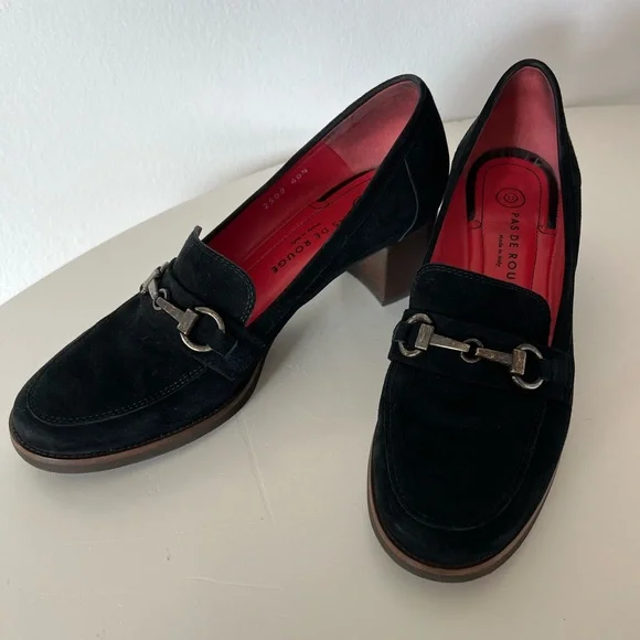 Pas De Rouge‎ Flavia 2508 Horse Bit Round Toe Black Suede Slip-On Heeled Loafer