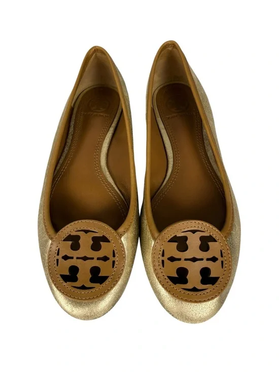 Tory Burch Louisa Gold Metallic Tan Logo Ballet Flats Sz 5.5
