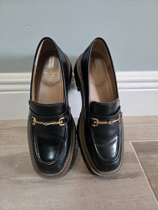 Sam Edelman Black Leather Loafers with Gold Horsebit