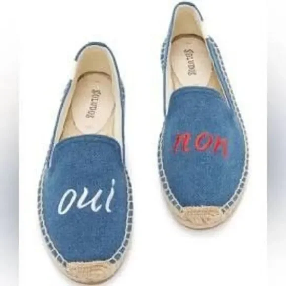 Soludos denim blue embroidered Oui Non raffia slip on shoes