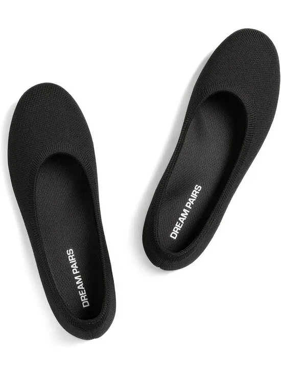 Dream Pairs Women's All Black Round Toe Slip On Dress Knit Ballet Comfort Flats