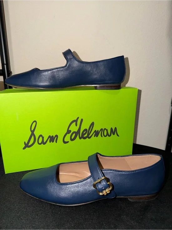 Sam Edelman “Michaela” Blue Leather Mary Jane Flats with Gold Buckle