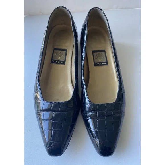 Nina‎ Black Crocodile Embossed Faux Patent Leather Loafer Size 8M Slight Heel