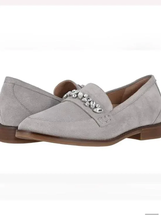 Vionic Light Gray Suede Avvy Bejeweled Rhinestone Loafers size 8