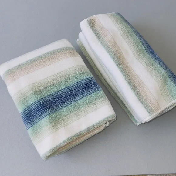 Tommy Bahama Home Bath Towel & 2 Hand Striped Blue Green Beige 100% Cotton 52x27