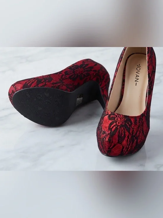JVN by Jovani Red and Black Floral Lace Platform Pumps