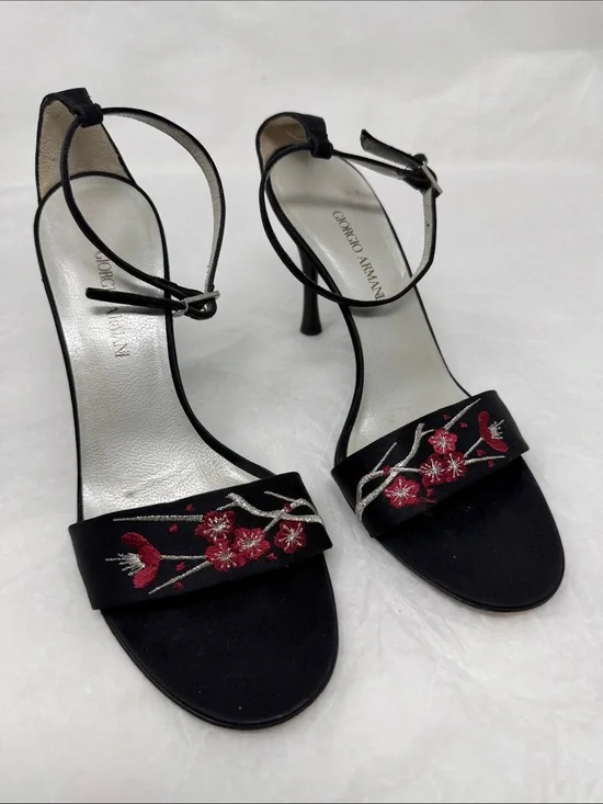 Giorgio Armani Black Embroidered Floral Ankle-Strap Sandals Size 36.5