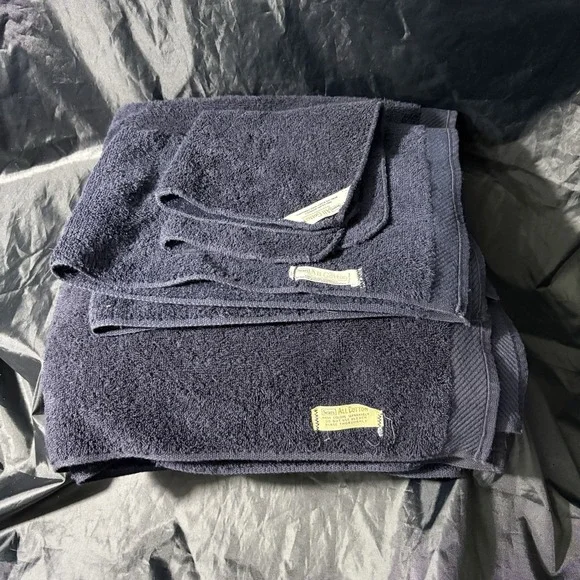 Vtg Sears Navy Blue Cotton Towel Set 3pc MCM Retro Bath Hand Washcloth USA