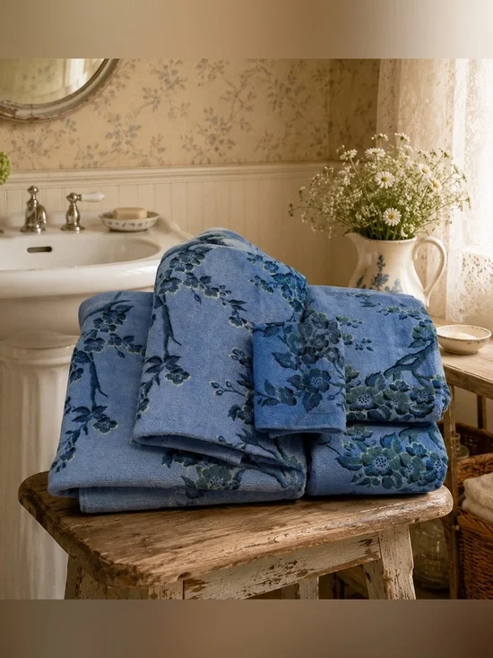 Tastemaker by Stevens Blue Floral Bath Towel Set 5 Piece Vintage Cottagecore USA