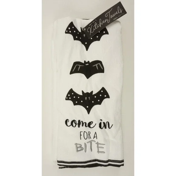 New Set of Two Come In For A Bite Halloween Kitchen Towels White‎ Vampire Bat