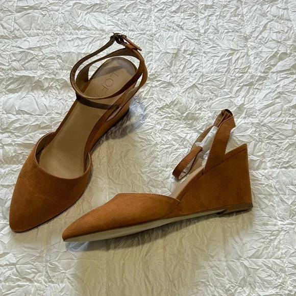 LOFT Cognac Suede Pointed-Toe Wedge Heels