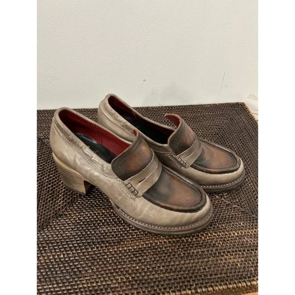 Freebird by Steven Bristol Penny Loafer Block Heels Women 7 Grey Brown Leather