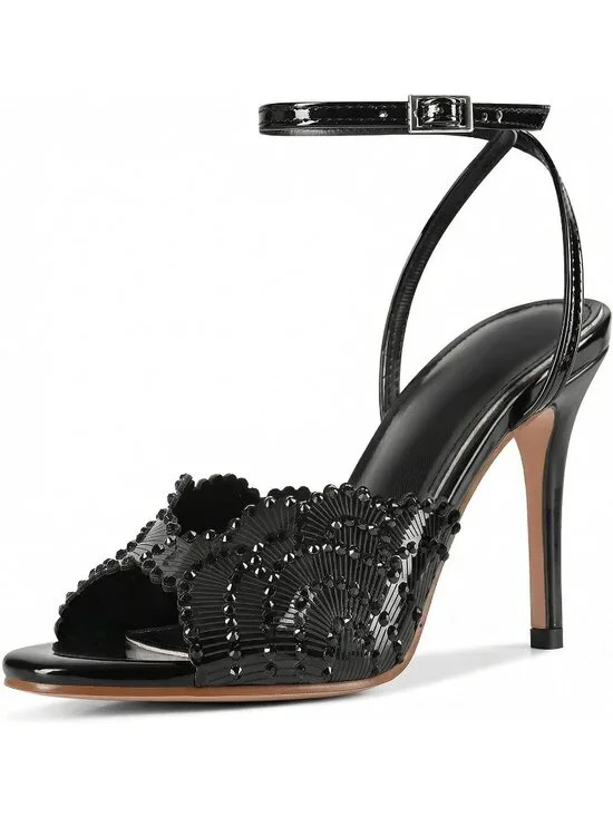 Women's Black Rhinestone High Heel Sandals Round Open Toe Sparkly High Heels