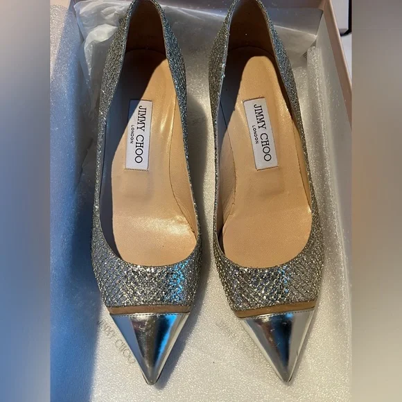 Jimmy Choo Silver Champagne Metallic Pointed Toe Kitten Heels Shoes 37.5 6.5 7