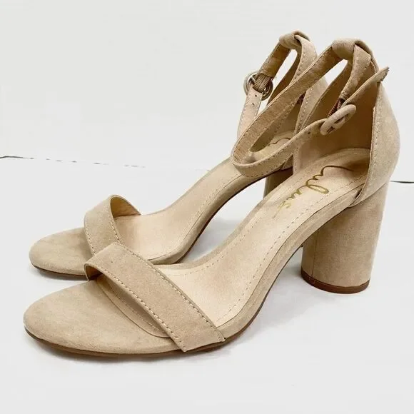 Lulu’s Tan Faux Suede Round Heel Ankle Strap Heels